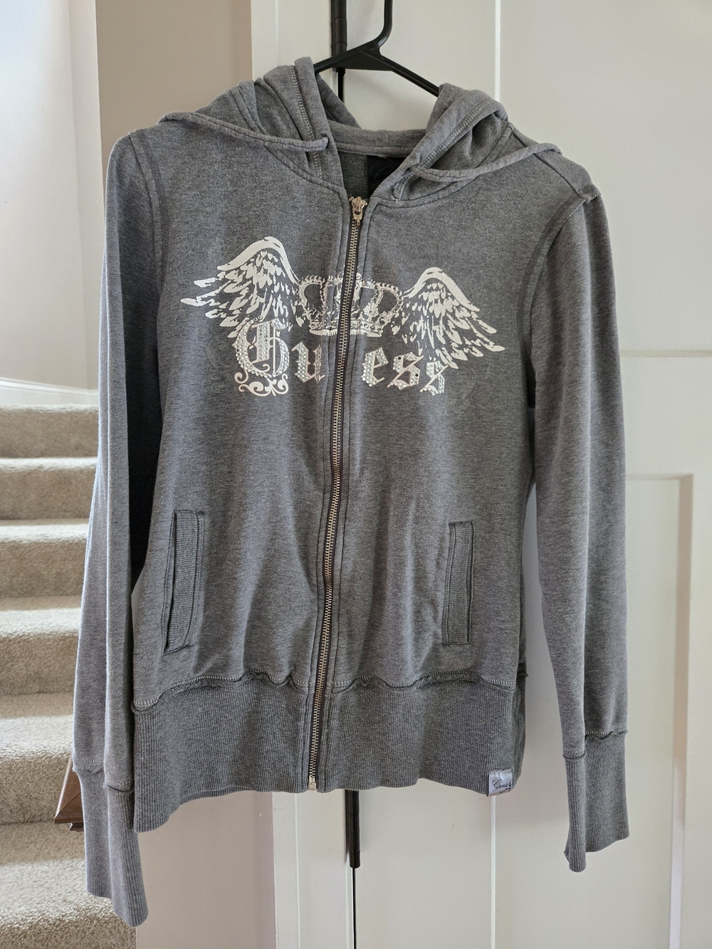 GUESS Girls' Gray Zip-Up Hoodie Jacket with Wing Graphic